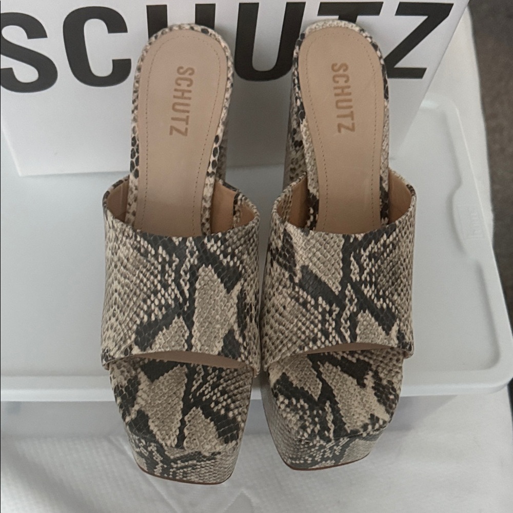 SCHUTZ Black and Cream Snake Print Platform Shoes - Picture 5 of 8